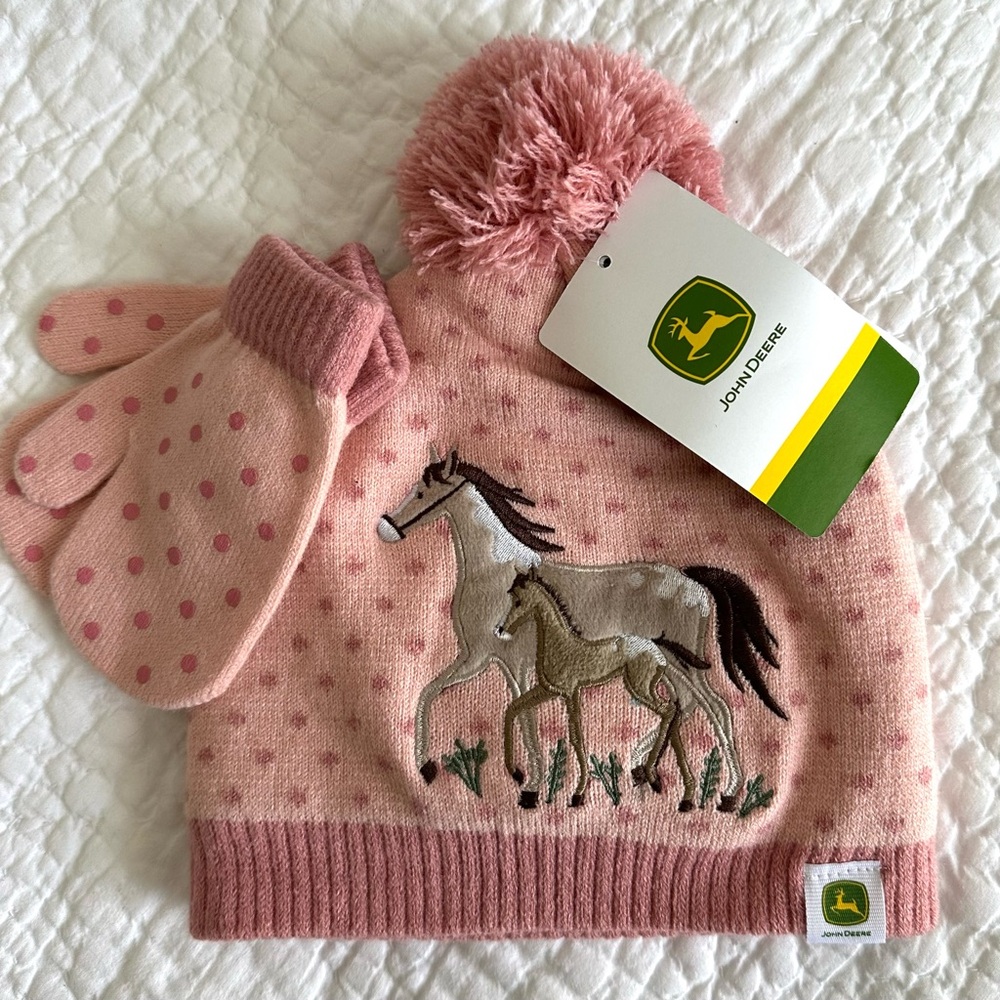 John Deere kids pink horse pony winter hat knit pom beanie + mittens toddler NWT